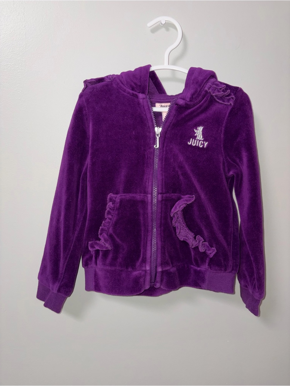 Juicy Couture Purple Velour Zip Up Hooded Jacket Ruffle Pockets Girls 3T